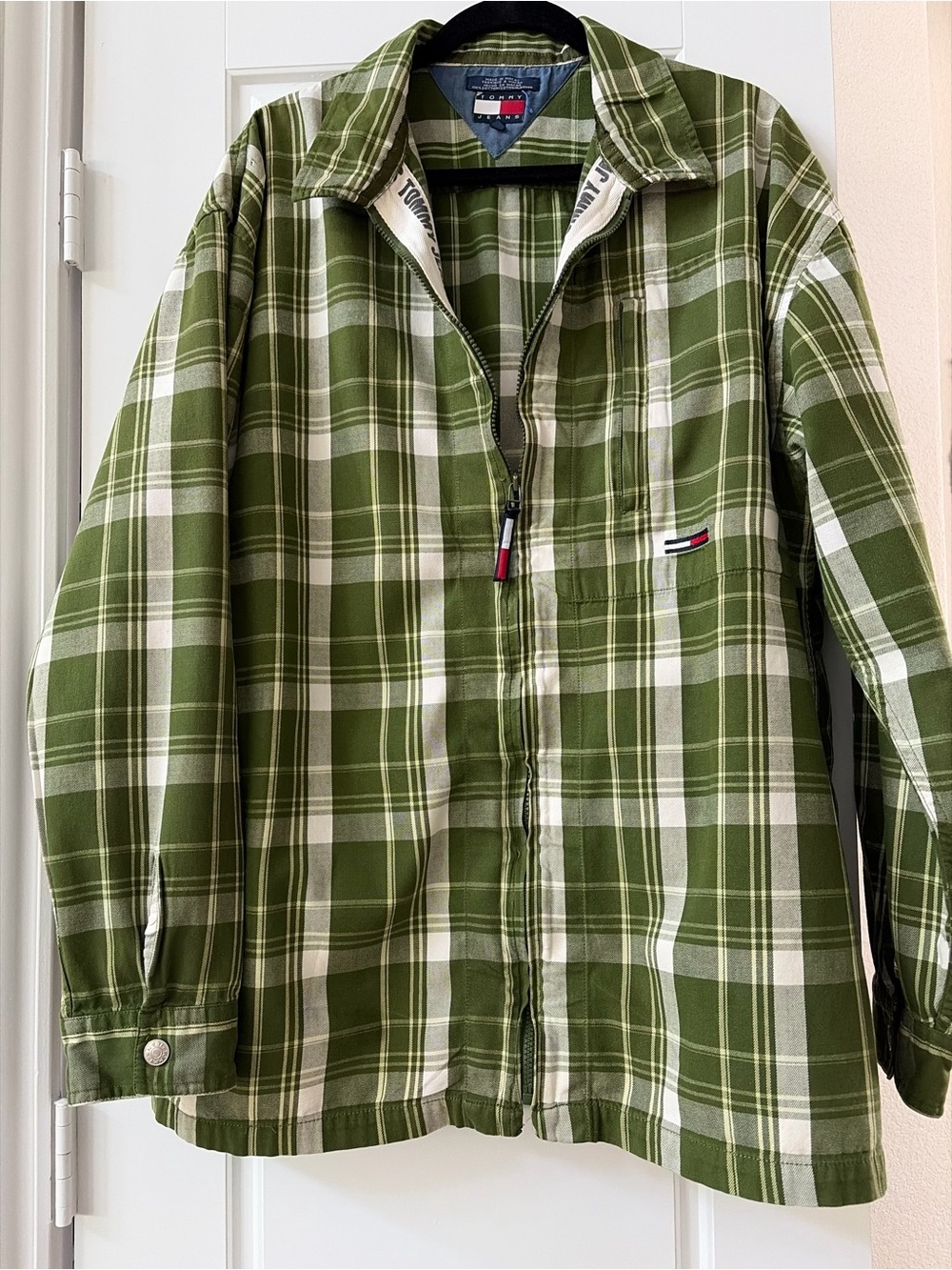 Vintage 90s Tommy Jeans Mens XXL Olive Green Plaid Full Zip Shacket Jacket